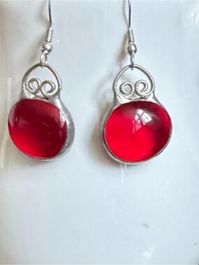 Silver Earrings with Red Glass Drops